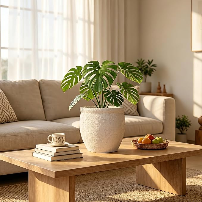 9" Dia Fiberstone Planter – Modern Farmhouse Indoor/Outdoor Flower Pot, Beige Decorative Plant Pot with Grainy Matte Texture & Drainage Hole for Patio, Porch, Garden, Home Décor