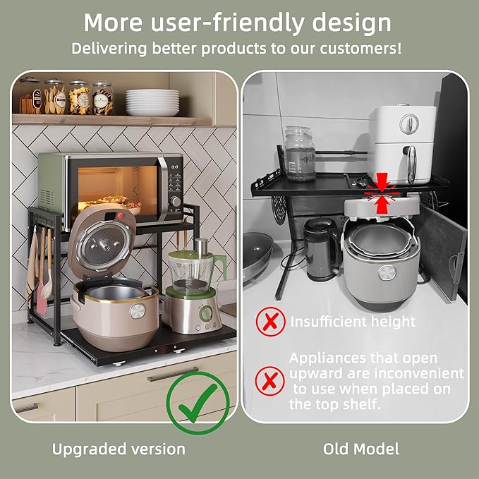NETEL Expandable Microwave Stand,2 Tier Metal Kitchen Countertop Organizer Shelves with 8 Hooks,Bakers Rack,Pull-Out Microwave Shelf,55lbs Weight Capacity,Black