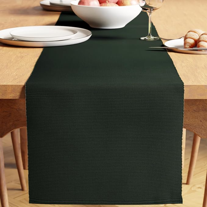 Encasa XO Dining Table Runner 13"x59" | Yarn Dyed Fine Ribbed Cotton | Dark Green | Machine Washable