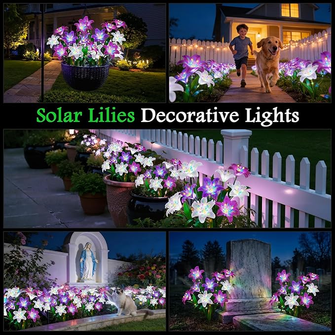 Solar Lights Outdoor Garden Decor - 10 Pack Solar Flowers with 50 Heads Colorful Lily Lights & Glowing Stems, Brighter Waterproof Decorative Garden Lights for Yard, Patio, Flower Bed, Gifts