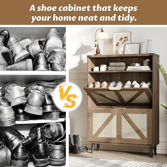 Halitaa Shoe Cabinet with 2 Flip Drawers & Open Storage,Farmhouse Shoe Storage Cabinet for Entryway,Freestanding Narrow Organizer Rack with Legs,Foyer,Hallway,Rustic Oak Rattan