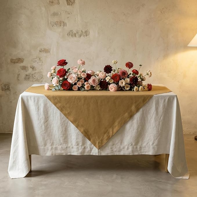 Solino Home Linen Tablecloth 52 x 52 Inch - 100% Pure Linen Caramel Square Tablecloth - Fete, Machine Washable Table Throw for Summer