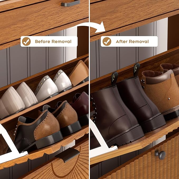 Brafab Shoe Rack Storage Organizer, Shoe Storage Cabinet with 2 Flip Drawers&1 Small Drawer, Slim Entryway Shoe Organizer with Sun Pattern Doors,Walnut