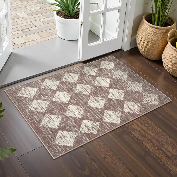 Lahome Zelie Moroccan Treills Area Rug - 2x3 Small Beige Bathroom Rug Door Rugs for Entryway Indoor, Checkered Washable Non Slip Throw Carpet for Bathroom Powder Room Kitchen Bedroom Front Door