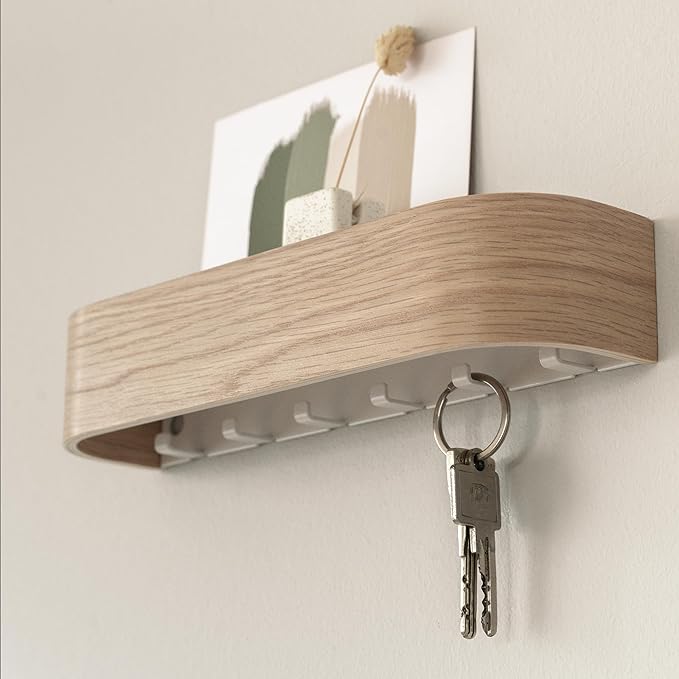 Kazai. Key Holder 'Toke' | Minimalist Key Hook Design from Berlin | Modern Key Holder Wall Mount with Wooden Shelf | Key Rack for Wall as Entryway Organizer | Oak, White