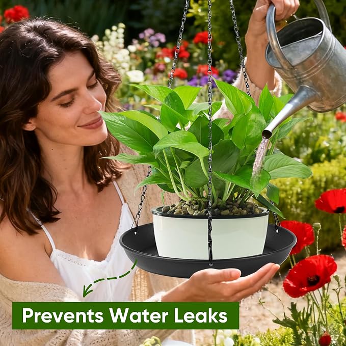 Plant Hanger Indoor Outdoor, 2-Pack Black Metal Hanging Plant Shelf & Window Planter Basket with 9.8/11.8 Inch Trays - Heavy Duty Plant (11.8in-2PCS, 2PACK)