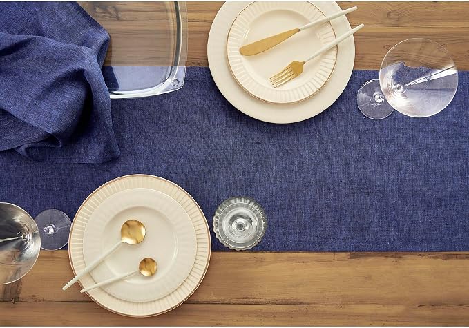 Solino Home Linen Table Runner 144 Inches Long - Athena, 100% Pure Linen Chambray Navy Dining Table Runner 14 x 144 Inch for Summer, 4th of July