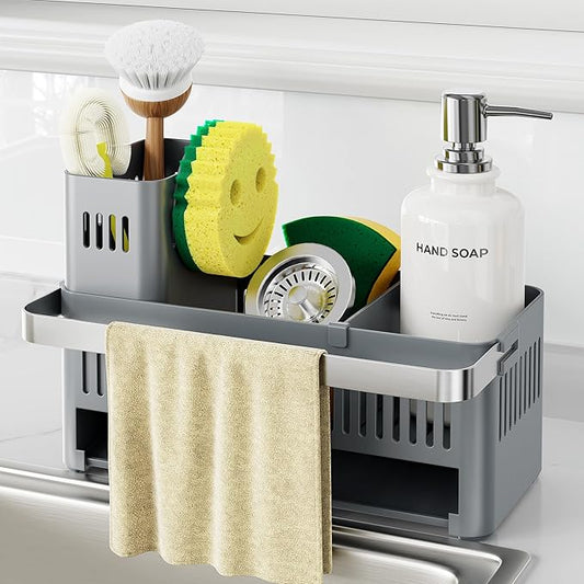 Nieifi Sponge Holder for Kitchen Sink, Sink Caddy with Towel Rack, Dish Sponge Holder, Brush Holder for Kitchen Sink Organizer Storage, Grey