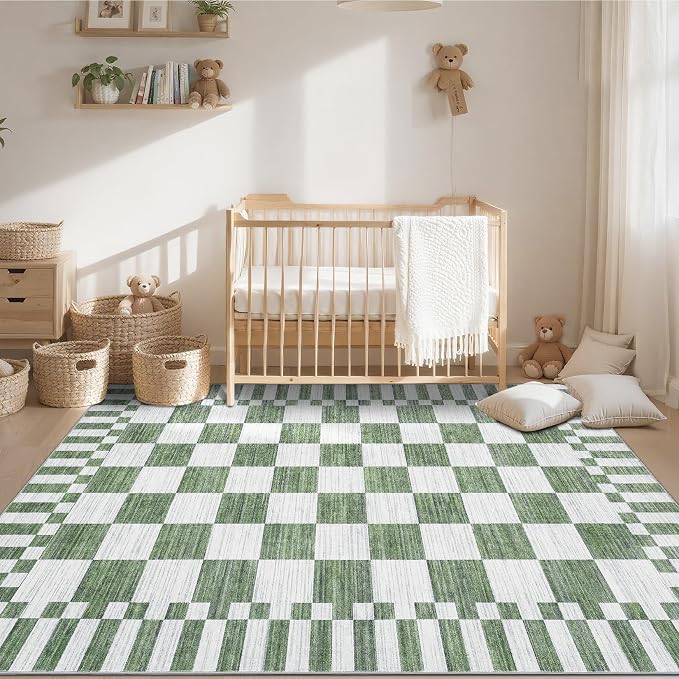 GarveeHome Sage Green Checkered Rug,Washable 3x5 Rug Non Slip for Entryway, Soft Low-Pile, Modern Farmhouse Geometric Small Area Rugs for Bedroom Kitchen