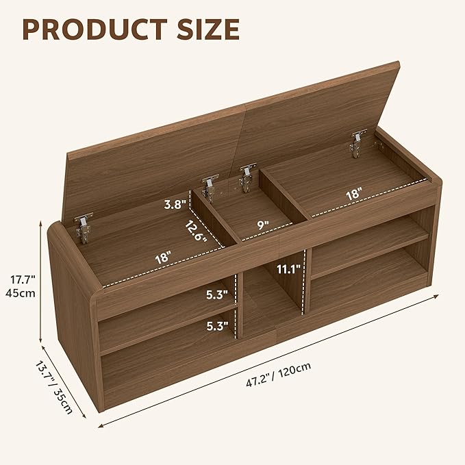 Shoe Storage Bench, 47.2in Entryway Bench with Flip-Open Storage Box, 2 Tier Shoe Rack Organizer with Shelf, Entryway Cabinet for Hallway Living Room Bedroom, Walnut