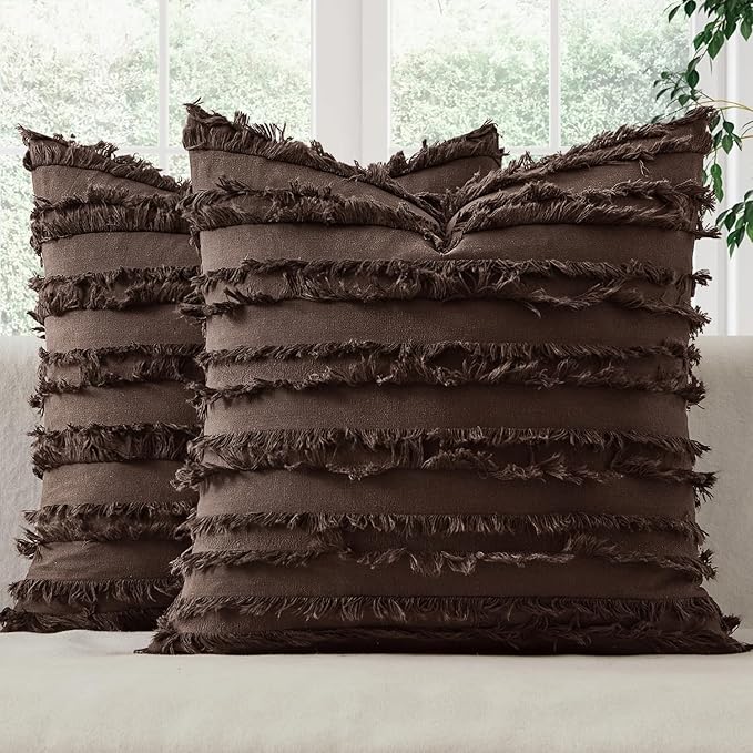 MIULEE Decorative Boho Throw Pillow Covers Set of 2 Dark Brown Chocolate Modern Linen Striped Jacquard Pattern Farmhouse Neutral Cushion Covers for Sofa Couch Living Room Bedroom 20x20 Inch Home Decor