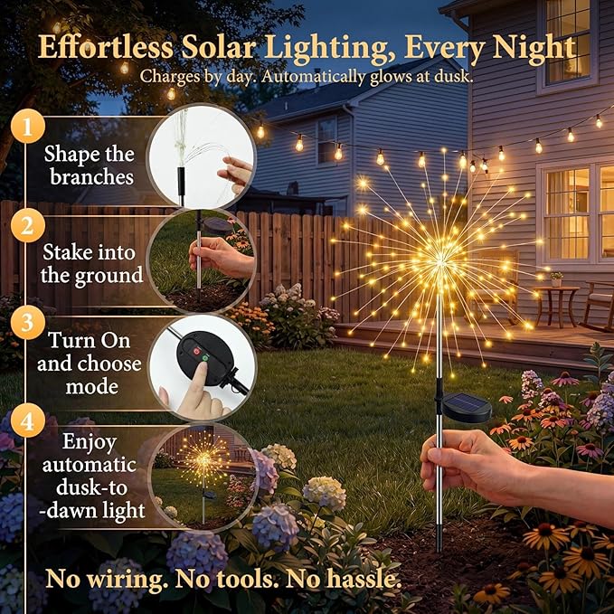 Solar Firework Lights Outdoor 4 Pack, 120LED Solar Starburst Garden Lights with 8 Modes, Waterproof Decorative Sparkle Light for Backyard, Garden, Patio & Lawn Landscape - Gifts for Women Mom