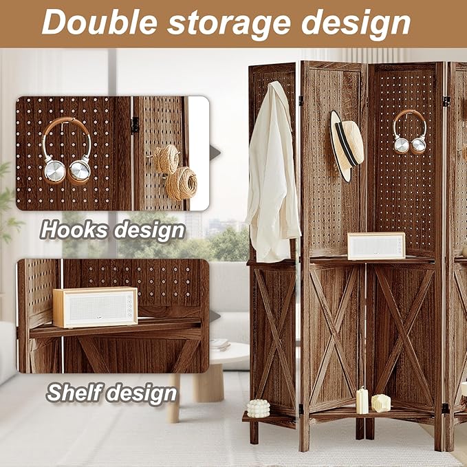 4 Panel Pegboard Display with 16 Hooks, Wooden Pegboard Room Divider Wall with Shelf, Partition Room Dividers and Folding Privacy Screens, Bedroom, Jewelry Store, Brown
