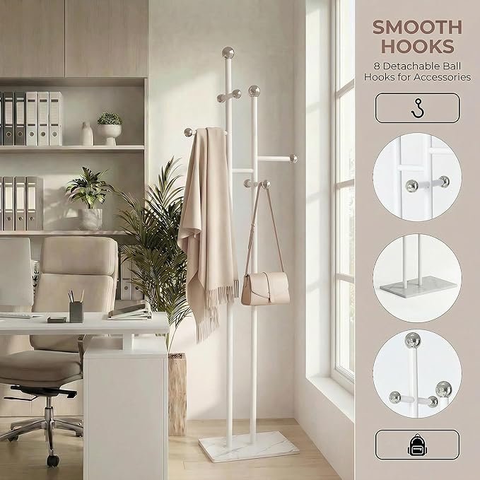 Heavy Duty Narrow Coat Rack with 1.0mm Thickened Iron Wall, 14 Interchangeable Hooks & 3.6kg Marble Base, Anti-Slip Freestanding Coat Tree for Entryway Office (68.9" Tall, White)