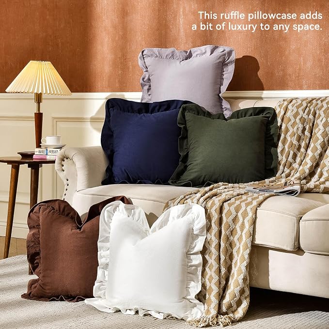 AmHoo Pack of 2 Throw Pillow Covers 100% Cotton Pre Washed Ruffle Decorative Pillowcase Cushion for Couch Sofa Bedroom 20 x 20-Inch Cream White