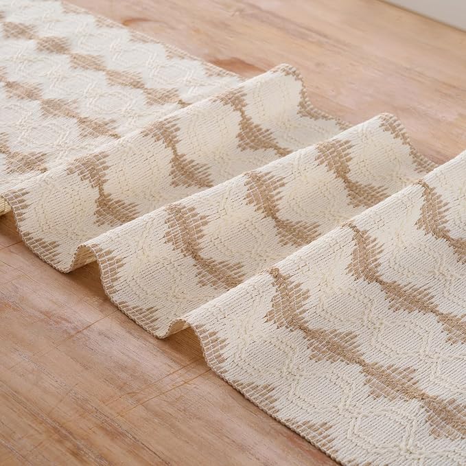 Fancy Homi Tan Boho Cotton Polyester Table Runner 48 Inches Long, Farmhouse Macrame Table Runners with Tassels for Home Party Bohemian Rustic Bridal Shower Kitchen Dining Decor 12x48 Inches