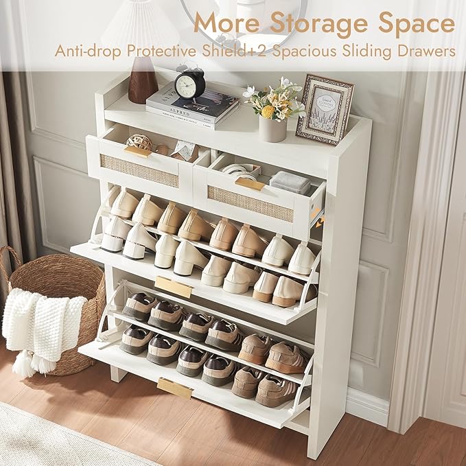 HOKYHOKY Rattan Shoe Storage Cabinet with 2 Drawers & 2 Flip Drawers – Hidden Slim Shoe Organizer for Entryway, Large Tabletop Space, Farmhouse Boho Narrow Shoe Rack, Rustic White