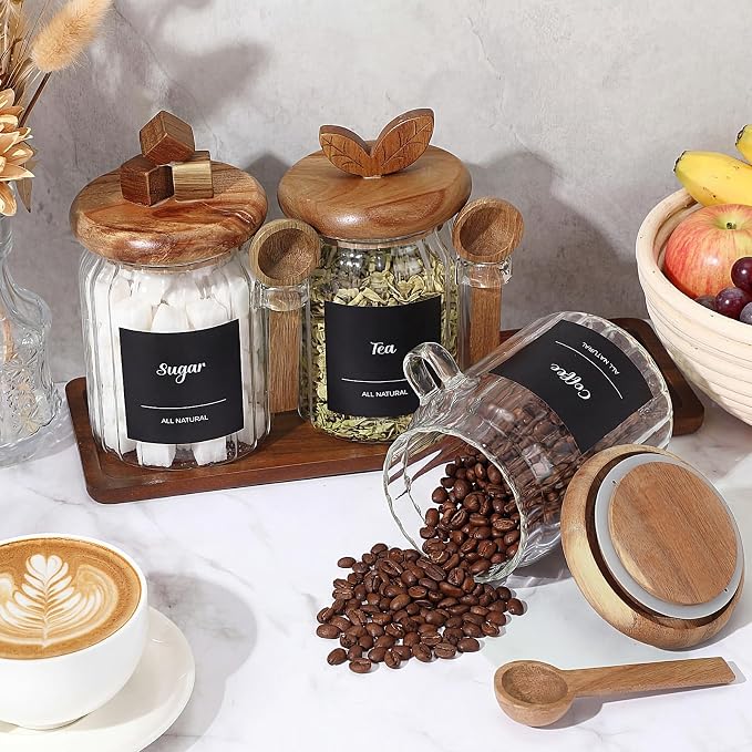 Suclain 3 Pcs Glass Coffee Container with Acacia Wood Lid & Spoon, 20.3 oz Airtight Glass Jar with Wooden Shelf, Food Storage Containers Coffee Jar Tea Container(Acacia Color)