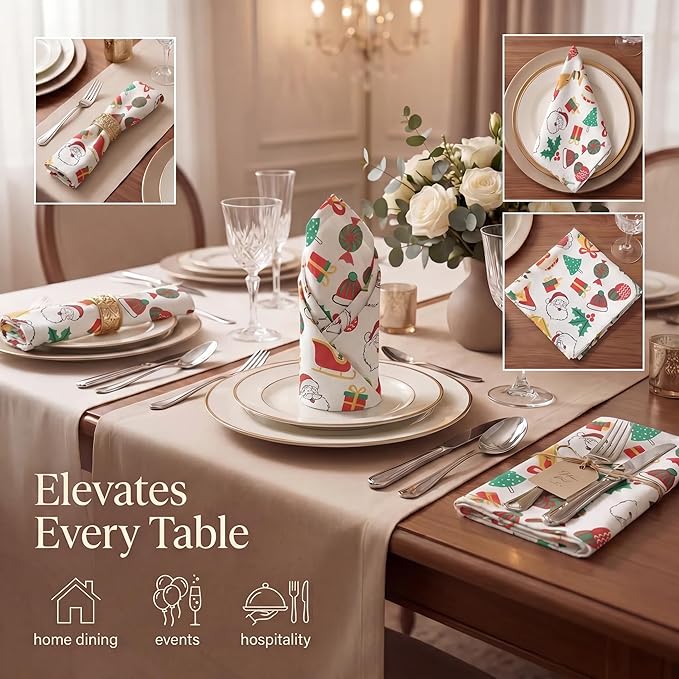 Urban Villa Cloth Napkins 100% Cotton Highly Absorbent Washable Durable Reusable Premium Dinner Napkins Ideal for Gifts for Mothers Day Hotel Farmhouse Parties - Xmas Print (20" x 20", Set of 12)