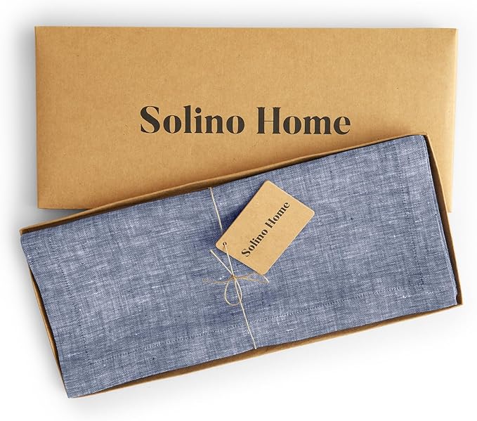 Solino Home Linen Chambray Indigo Table Runner 132 Inches Long - Athena, 100% Pure Linen Dining Table Runner 14 x 132 Inch for Summer