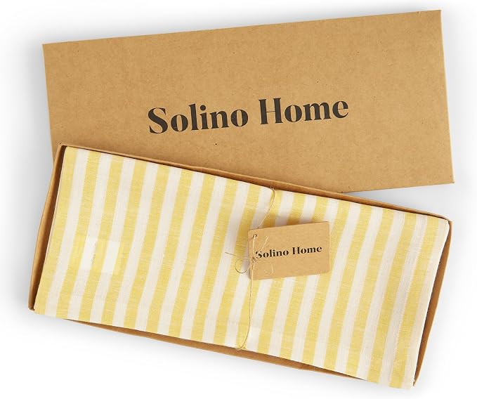 Solino Home Linen Table Runner 72 Inches Long - Amalfi Stripe, 100% Pure Linen Primrose Yellow and White Table Runner 14 x 72 Inch for Dining, Dresser, Summer