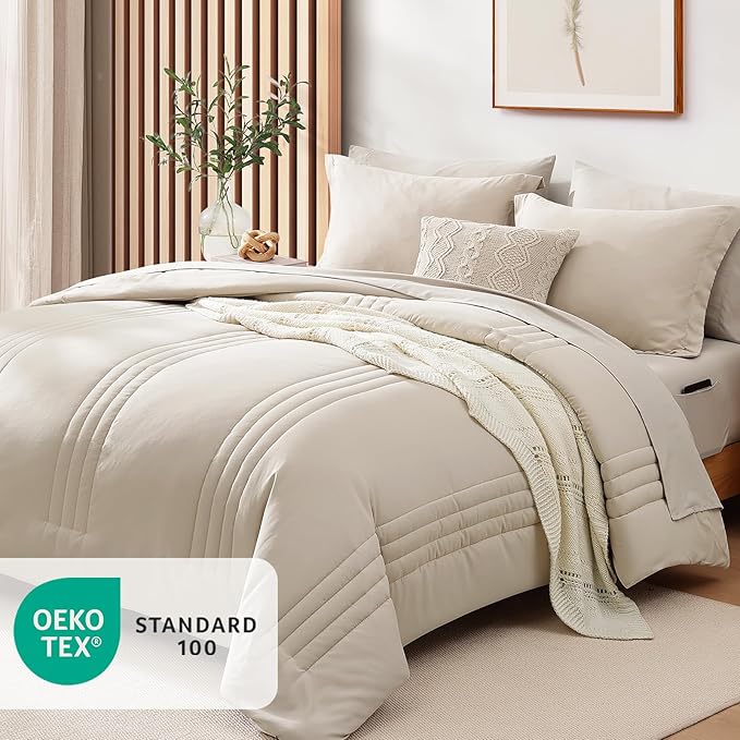 Monbix Oversized King Size Comforter Set - 7 Pieces Apricot Beige Bed in a Bag Oversized King Bedding Sets with Comforters, All Seasons Comforter Bed Set with Sheets, Pillowcases & Shams
