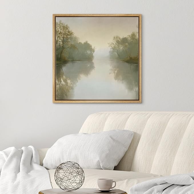 SIGNWIN Framed Canvas Print Wall Art Misty River Landscape Tranquil Nature Illustrations Fine Art Country Minimal for Living Room, Bedroom, Office - 24"x24" NATURAL