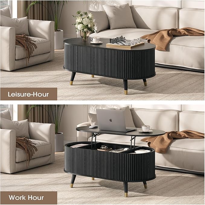 Oval Lift Top Coffee Table with Storage, 42.5” Fluted Coffee Table with Lifting Top & Solid Wood Legs, Mid Century Modern Center Table for Living Room, Home Office, Black