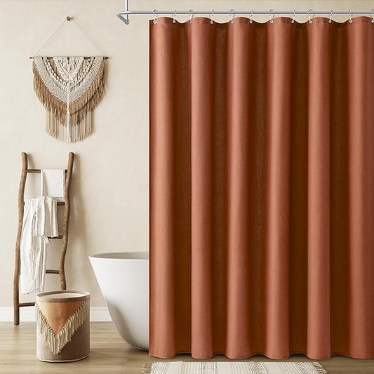 Terracotta Boho Linen Shower Curtain, Country Farmhouse Bath Decor Shower Curtains Neutral Cloth Weighted Textured Fabric Bath Curtain Liner with Hooks, 72x84