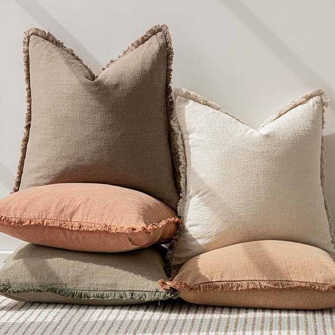 Foindtower Set of 2 Decorative Linen Fringe Throw Pillow Covers Cozy Boho Farmhouse Cushion Cover with Tassels Soft Accent Pillowcase for Couch Sofa Bed Living Room Home Decor, 16×16 Inch, Light Brown