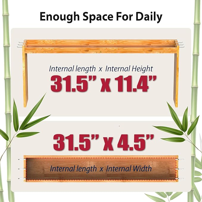 IIIOIIIA Bamboo Over the Stove Spice Shelf for Kitchen, 31.5" Spice Rack Organizer Shelf with 6 hooks, 11.4" Height Extra Storage Countertop, Easy to Assemble