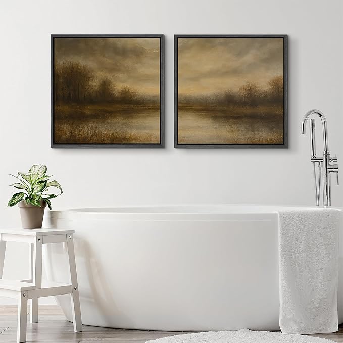 SIGNFORD Framed Canvas Print Wall Art Set Warm Brown Abstract Landscape Artwork, Moody Lake Reflection Illustrations Modern Art Minimal Relax/Calm for Living Room, Bedroom, Office - 16"x16"x2 BLACK