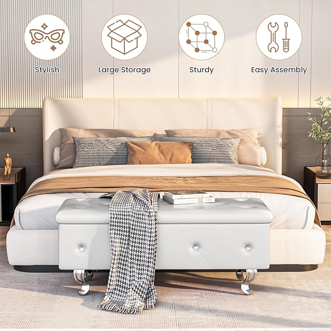 DKLGG Storage Ottoman Bench for Bedroom, Upholstered Entryway Bench with Legs & Safety Hinge, Small Storage Bench for Living Room/End of Bed/Entryway/Window, White