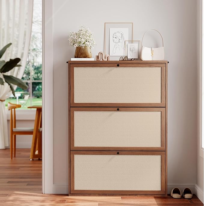 31.5" Mid-Century Slim Narrow Shoe Storage Cabinet for Entryway, Hidden 3 Tier Wood Shoe Storage Organizer with Non-Divider Flip Drawer for Hallway, Living Room,Apartment (Walnut)