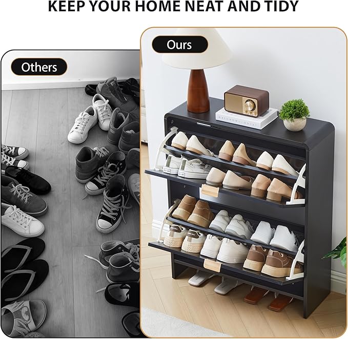 Narrow Shoe Cabinet, Wood Shoe Rack for Entryway with 2 Flip Drawers, Mid-Century Modern Slim Shoe Storage Cabinet Freestanding Hidden Shoes Organizer for Foyer, Hallway (Black, 27.56'')