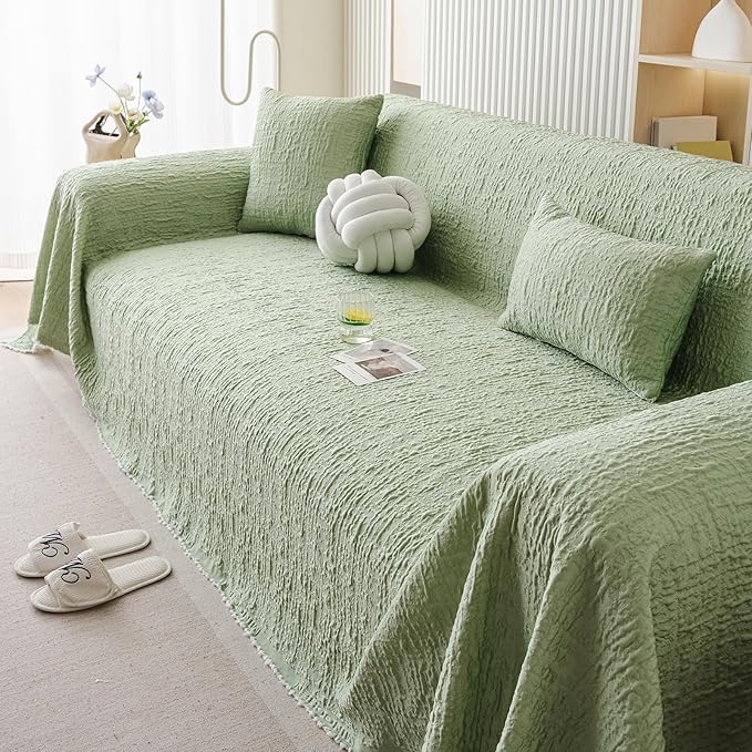 DREAMINGO Bubble Textured Cooling Sofa Cover, Ice Silk Breathable Couch Cover Blanket for Pet & Hot Sleepers, Washable Furniture Protector for 2 Cushion Couch, Sage Green, Large 71"x118"