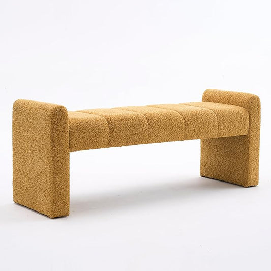 Boucle End of Bed Bench Upholstered Modern Bedroom Bench Channel Tufted Window Bench Comfy Long Ottoman for Living Room/Hallway/Indoor (Mustard, Straight Arm)