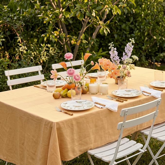 Solino Home Linen Tablecloth for Rectangle Tables 60 x 120 Inch - 100% Pure Linen Peach Table Cloth - Fete, Machine Washable Cloth Tablecloth for Summer