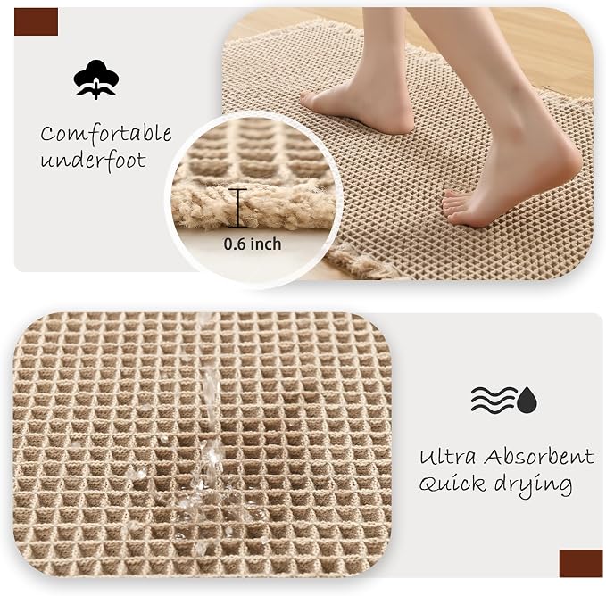 DWCN Brown Waffle Bathroom Mat, Boho Bath Rugs Super Absorbent Non Slip Bath Mats for Bathroom Floor, Ultra Soft Farmhouse Shower Mats for Tub and Shower, 20 x 32 Inch