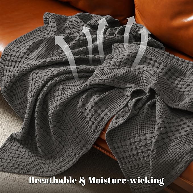 PHF 100% Cotton Waffle Weave Blanket Twin Size for Bed, Soft Lightweight & Breathable for Spring and Summer, All-Season Comfort, Luxury Aesthetic Blanket for Home Decor, 66"x90", Charcoal Grey