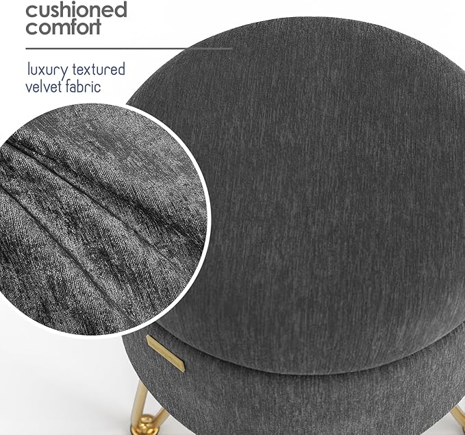 Round Ottoman with Storage, Textured Velvet Storage Ottoman, Foot Stool Ottomans, Makeup Vanity Stool, Small Ottomans Foot Rest, Modern Vanity Stools for Living Room and Bedroom, Grey