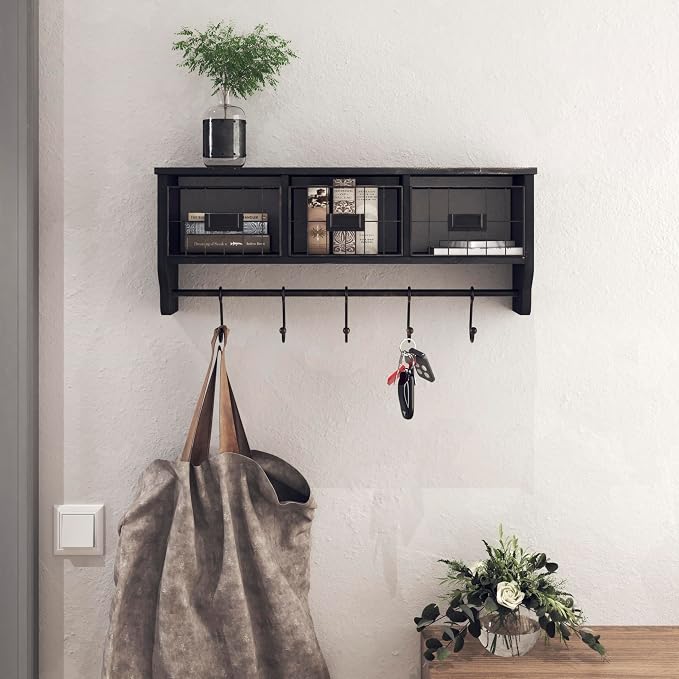 BizChair Wall Mounted Storage Rack - Blackwashed Solid Pine Wood - 24 Inch - Upper Shelf - 5 Hooks - Wire Baskets - For Entryway, Kitchen, Bathroom