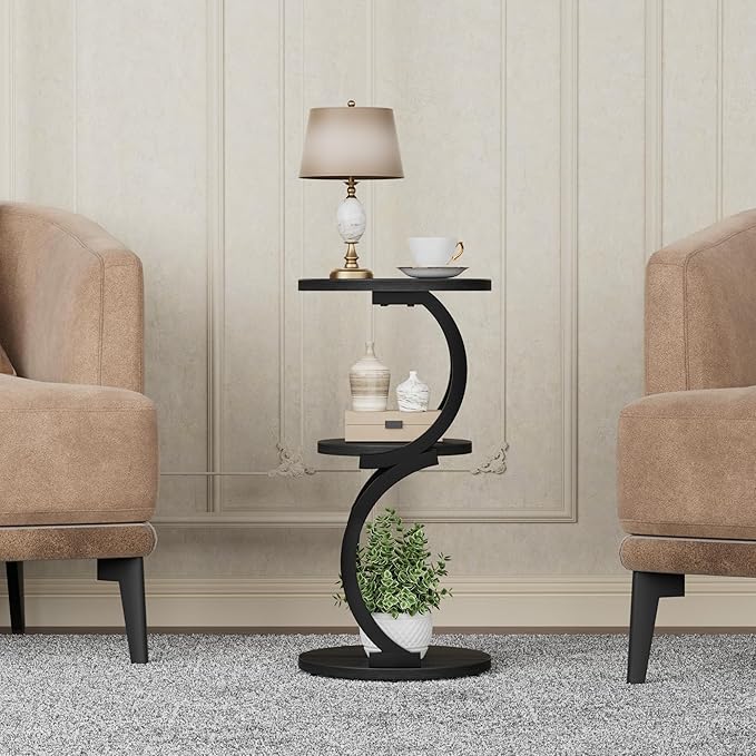 JUSTOGO Small Round Side Table, 3-Tier End Table for Living Room, Vintage Nightstand for Small Spaces Sofa Couch Corner Bedside Bedroom, S-Shaped Wood Accent Table Metal Coffee Table, Black