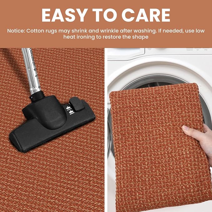 IOHOUZE Washable Runner Rug 2x12 Non Slip Rubber Backed Extra Long Hallway Runner Entryway Runner Indoor, Kitchen Rugs Woven Cotton Floor Carpet for Hall Entrance, Burnt Orange/Tan