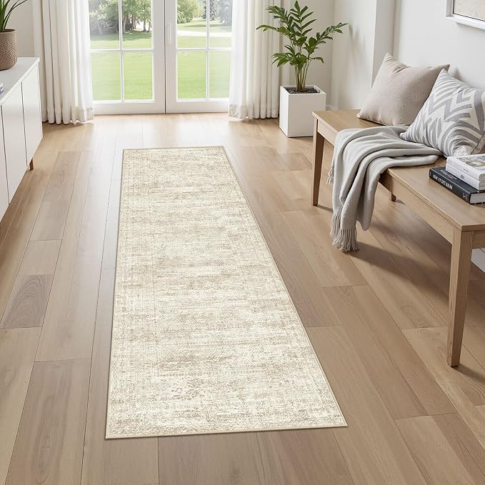 UERMEI 3x8 Washable Runner Rug for Hallway, Non Slip Low Pile Kitchen Carpet, Neutral Modern Abstract Indoor Floor Mat for Entryway Laundry, Kid & Pet Safe High Traffic Area, Beige/Brown