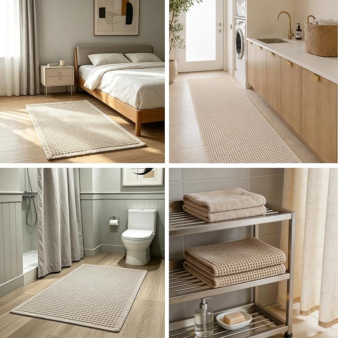 Upgraded Waffle Bath Mat with Rubber Backing Non-Slip Boho Bathroom Rug with Tassels, Ultra Absorbent & Soft Woven Shower Mat, Machine Washable, Multi-Size Options (Beige, 24"×72")