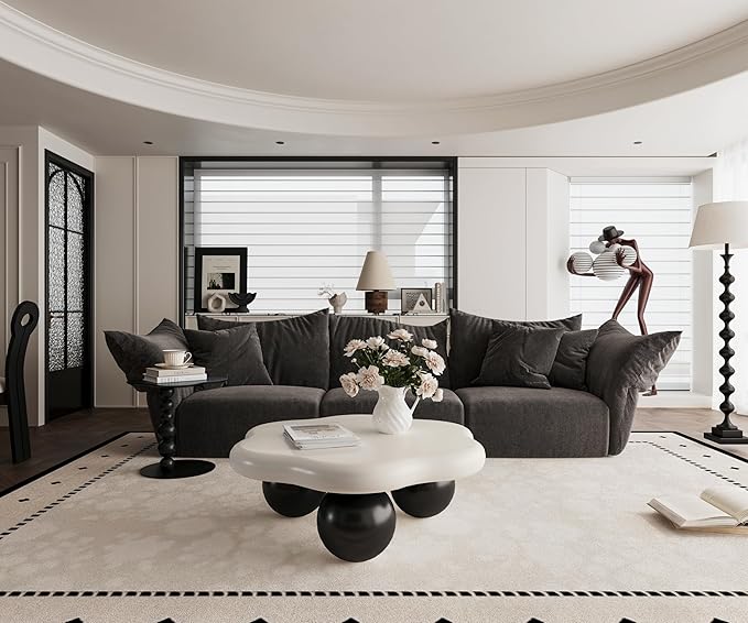 35.03" Cloud Coffee Table for Living Room Unique Coffee Table Modern Low Coffee Tables Cute Center Table with 3 Ball Legs for Small Space Apartment Cream Flower-White & Black