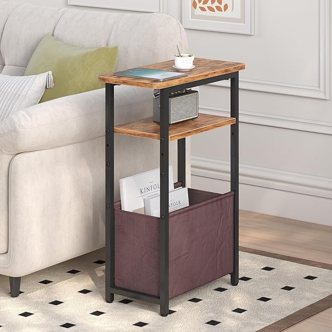 sthmec Narrow Side Table, Skinny End Tables with Fabric Basket, Small Side Tables for Small Space, 2-Tier Open Shelves with Basket, Slim Nightstands for Bedroom,Living Room,Office, Rustic Brown