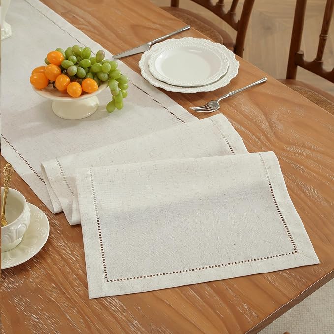 Light Natural Handmade Hemstitched Linen Blend Table Runner for Father's Day, Spring, Summer, Classic Hemstitch Style (14 x 72 Inch)
