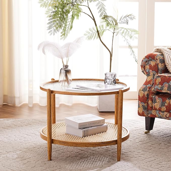 VINGLI 25.6" Rattan Coffee Table, Round Water-Wave Glass Metal Center Table, Modern Coffee Table with 2-Tier Storage, Farmhouse Circular Coffee Tables for Living Room and Small Space, Natural Vibe